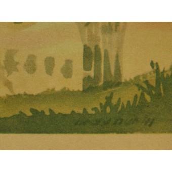 Deutsches Gemälde aus dem 2. Weltkrieg - Brücke über den Fluss Desna.. Espenlaub militaria